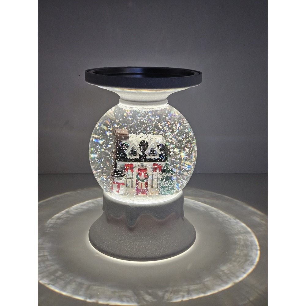 Holiday House Water Globe 3 Wick Candle Holder Light Up Musical Christmas EUC